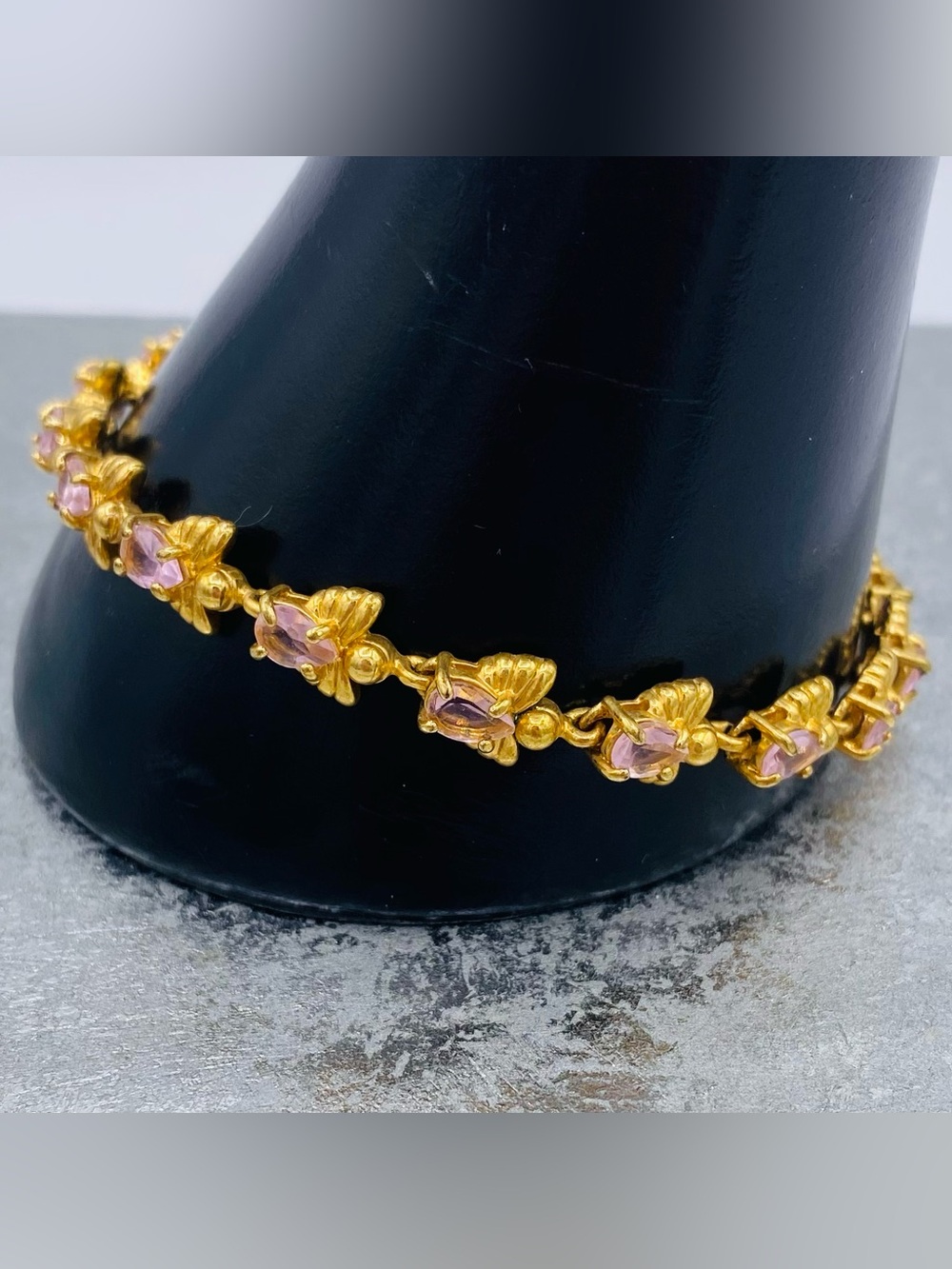 Avon Signed Angel Themed Gold Tone Link Bracelet With Pink Stone